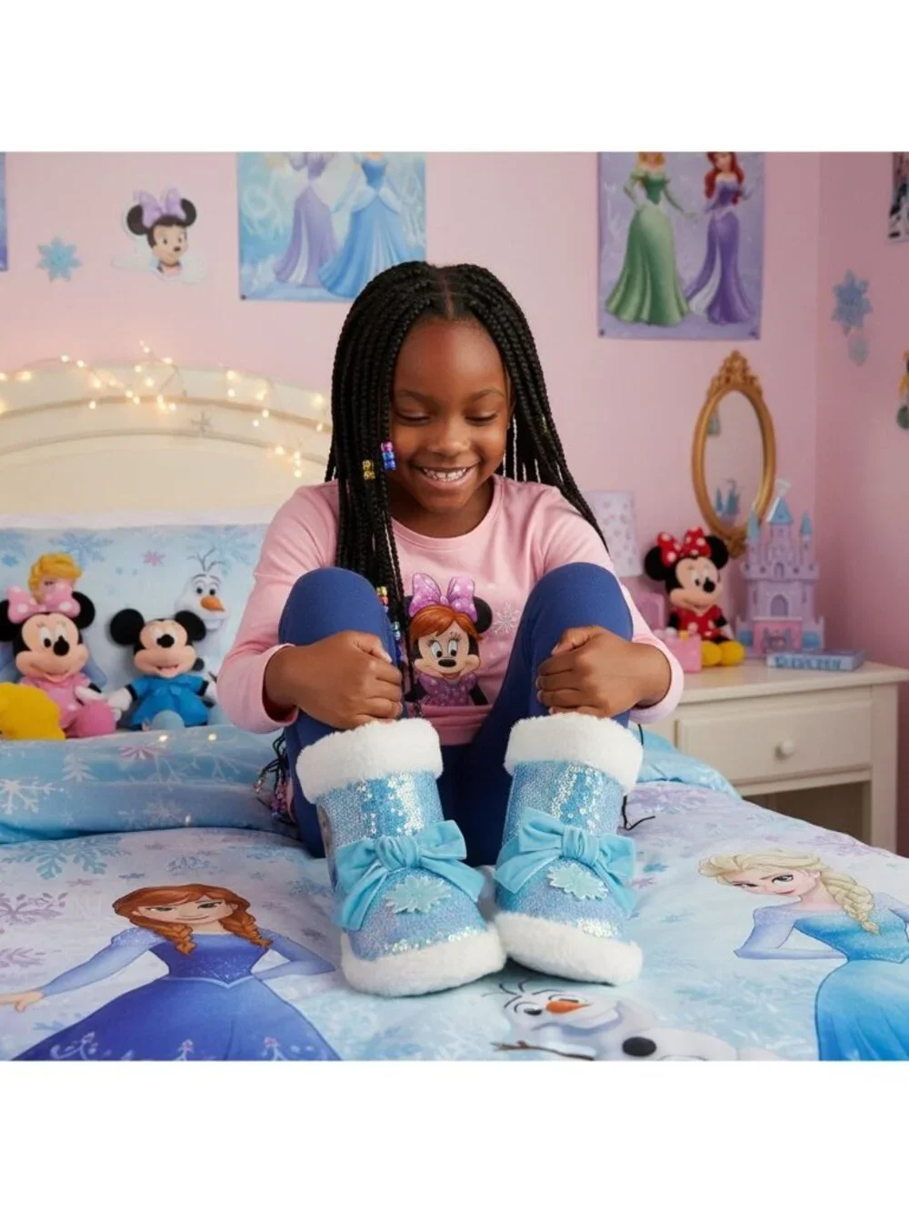 Disney Frozen Kids Size 5-6 Bootie Slippers Style Elsa Anna Sequined Snowflake